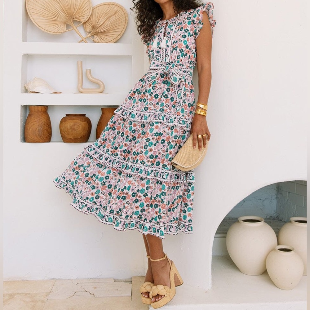 Cleobella Floral Midi Dress in Pink, Green and White